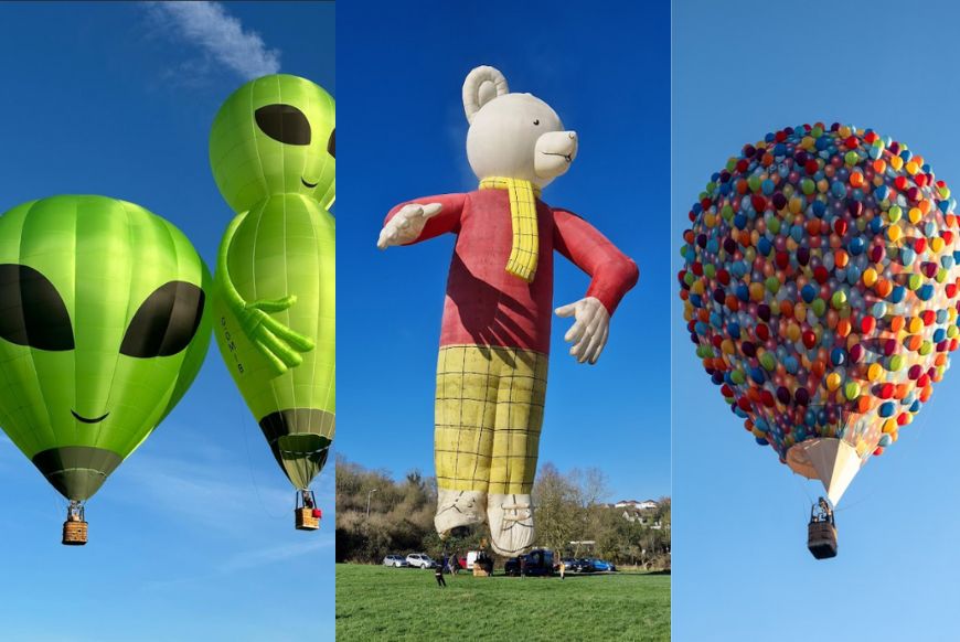 screen split three ways, on the left two alien shaped hot air balloons, in the middle a teddy bear shaped hot air balloon, and on the right a Pixar's Up inspired hot air balloon